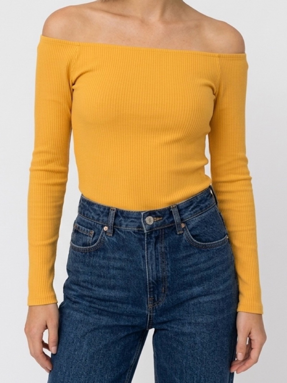 Hollister Ribbed Off Shoulder Top Mustard Yellow Long Sleeve Slim M